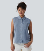Halara Flex™ Chemise décontractée sans manches en denim avec poche