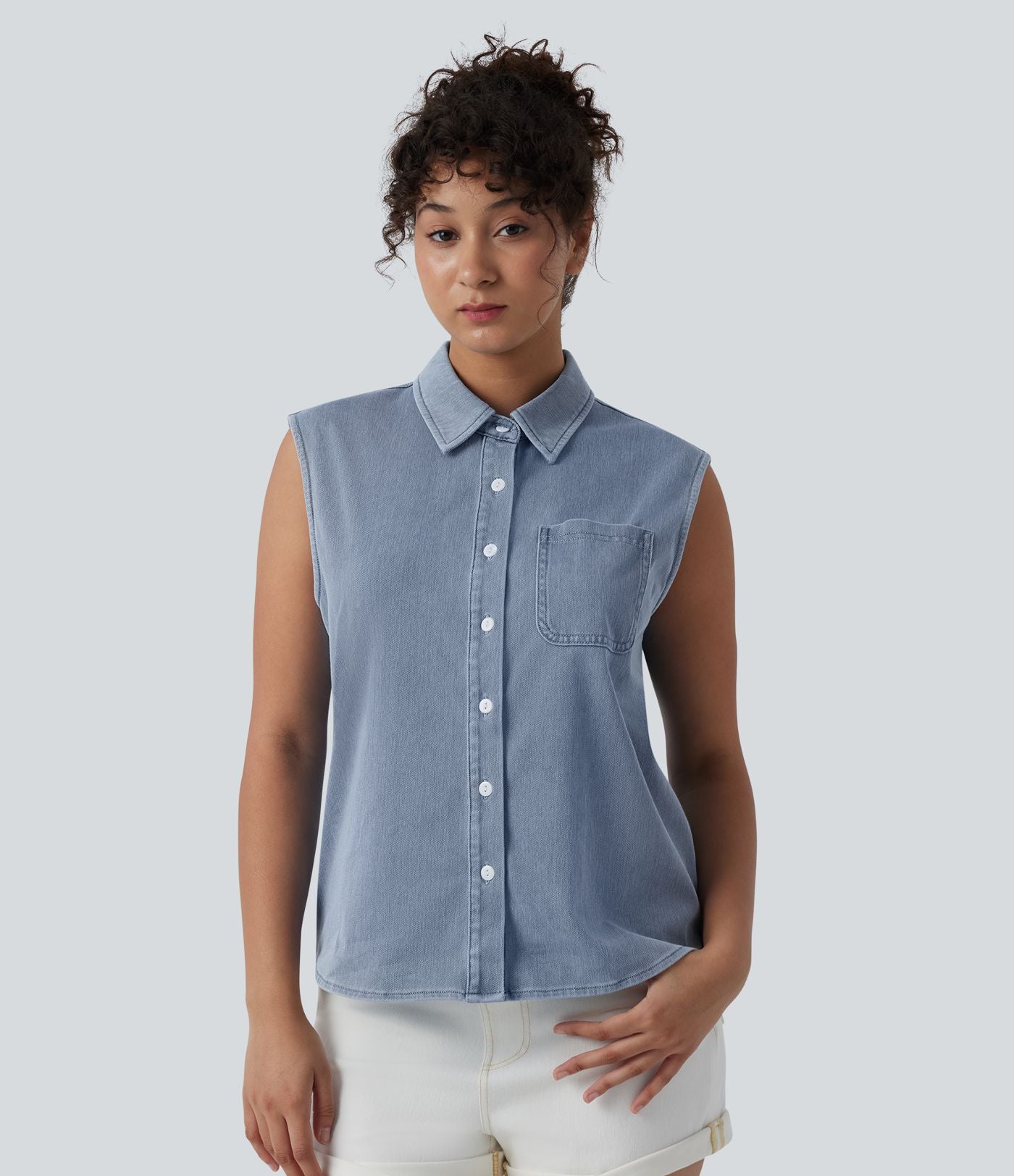 Halara Flex™ Chemise décontractée sans manches en denim avec poche