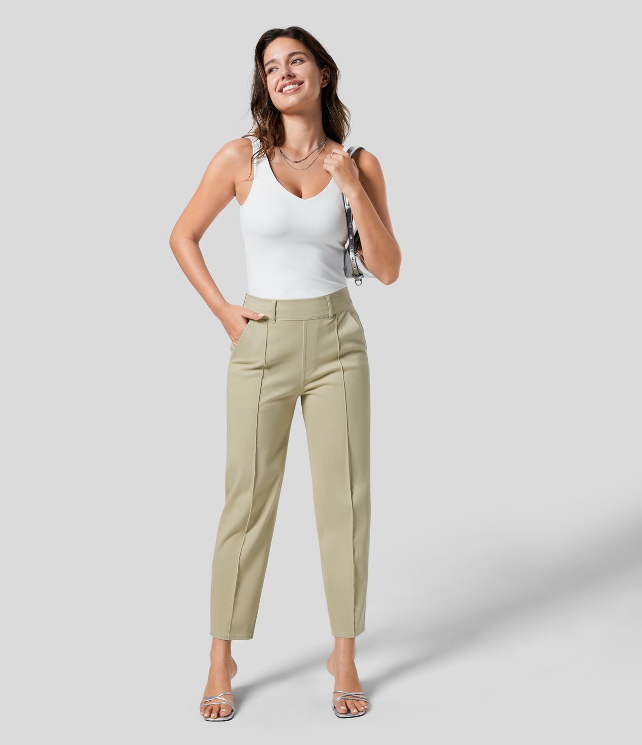 Halara Flex™ Jean Casual Tapered en Tricot Extensible Coloré avec Taille Haute et Poches Latérales