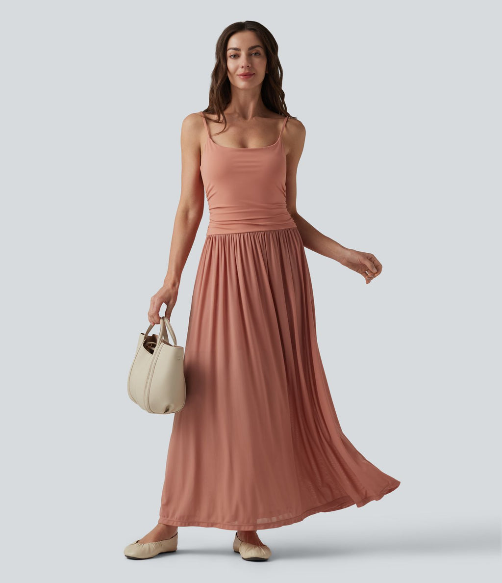 Robe nuisette longue décontractée fluide bretelles réglables froncée mesh contrasté soutien-gorge intégré