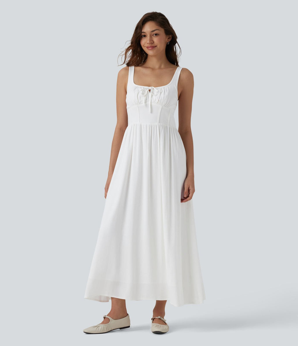 Robe mi-longue casual aspect lin col U avec nœud devant corset