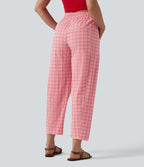 Pantalon décontracté à carreaux froissés taille haute avec poches