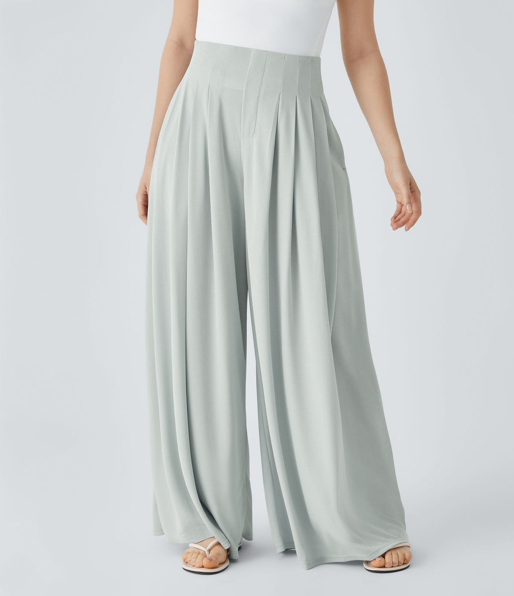 Pantalon décontracté palazzo en maille gaufrée, fluide, large, plissé, taille haute, avec poches