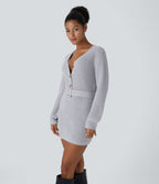 Robe-pull décontractée courte à col V, boutonnage devant, manches longues et ceinture