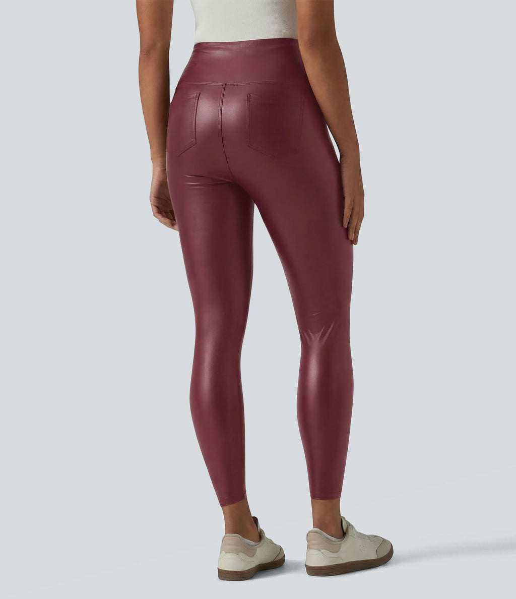 Legging casual 7/8 taille haute ventre plat en similicuir extensible, avec poches
