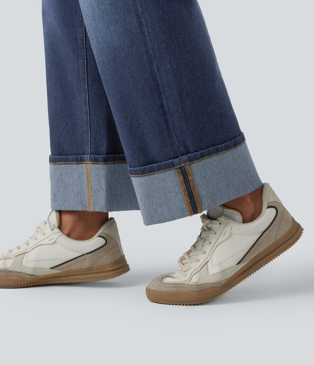 Jean large 7/8 décontracté Halara Flex™ délavé gainant taille haute ourlet roulotté avec poches