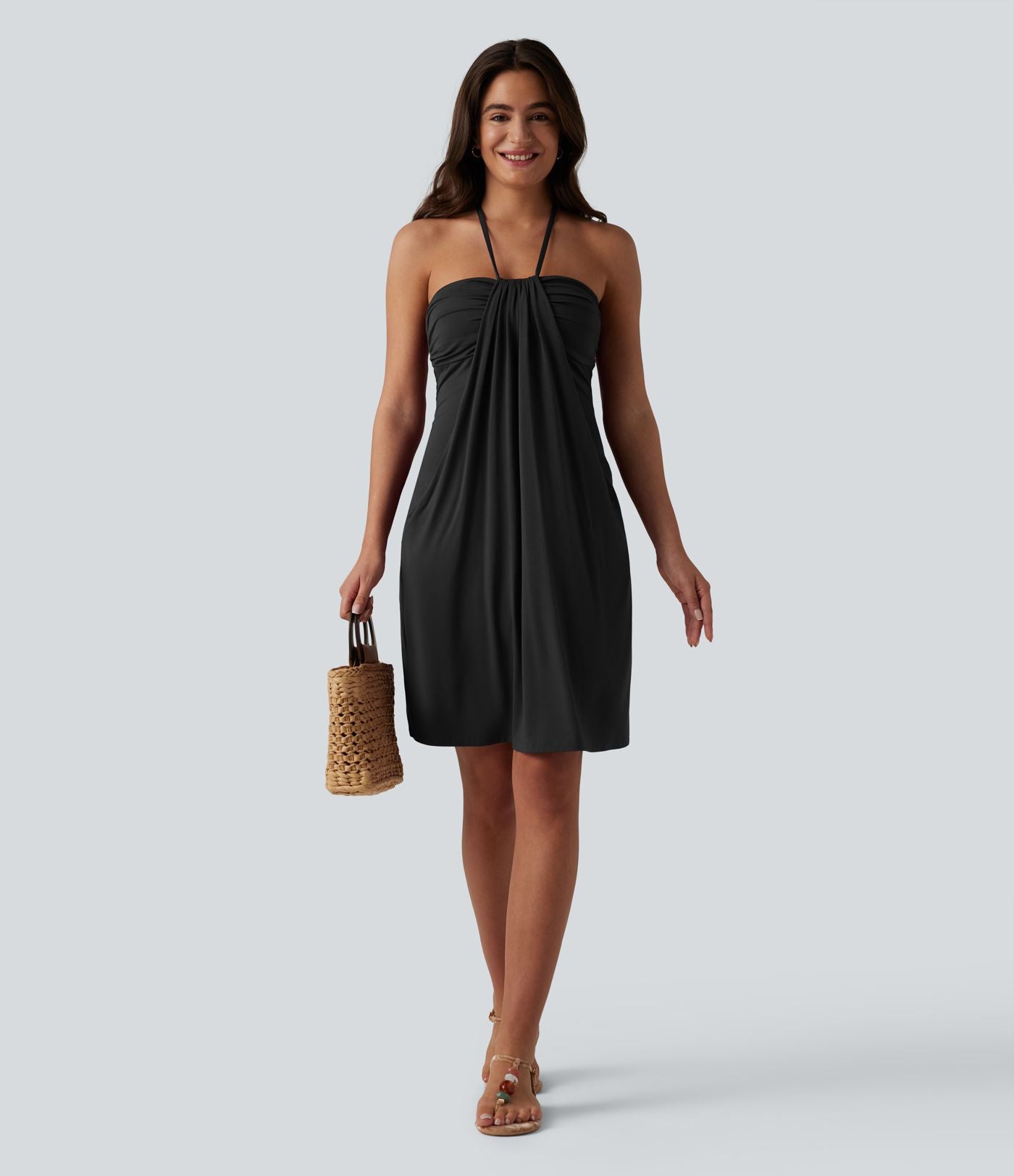 Robe mini dos nu à bretelles, brassière intégrée et poches