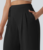 Pantalon détente  effet lin taille haute, cordon latéral avec poches