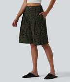 Short ample décontracté à imprimé léopard taille mi-haute, 25 cm, avec poches