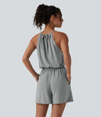 Combishort casual plissé col licou sans manches avec dos à nouer et poches – Easy Peasy