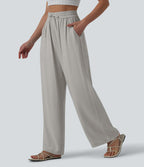 Pantalon casual large mélange lin taille haute avec cordon de serrage et poches
