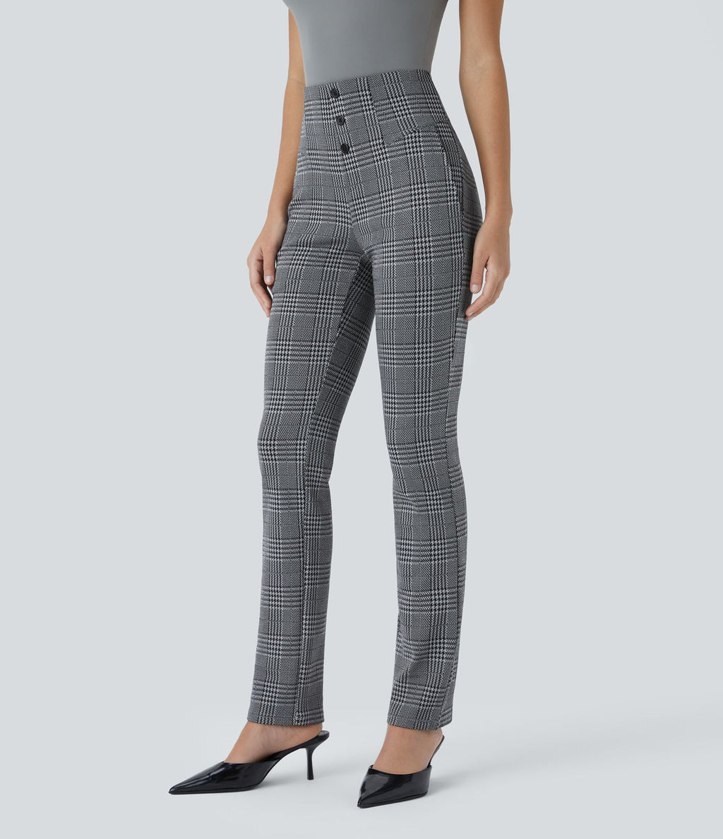 Halara Flex™ Pantalon tailleur Cintrés à Taille Haute avec Boutons Décoratifs Poches Latérales et Imprimé Pied-de-Poule
