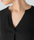 Chemise Travail à Col en V Boutonnée Manches Trois Quarts et Ourlet Courbé