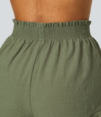 Short Évasés Casual à Taille Haute avec Volants Frisés et Effet Lin