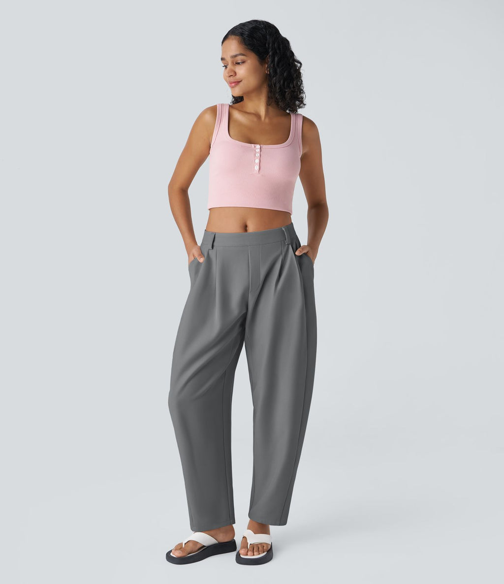 Pantalon tailleur ample, taille moyenne, coupe barrel, à poches