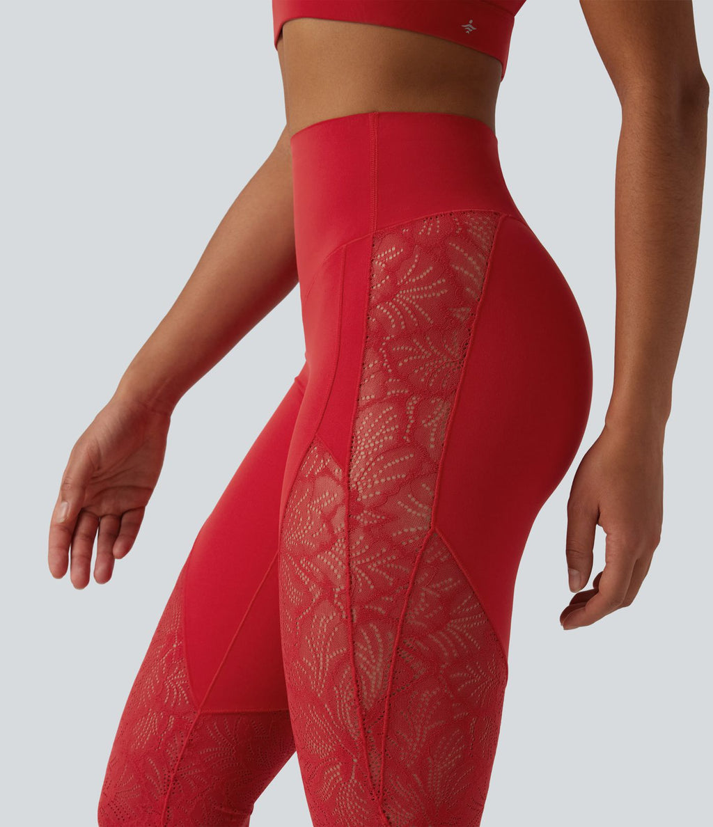 Pantalon de yoga évasé gainant taille haute avec dentelle contrastée et poche Halara UltraSculpt™