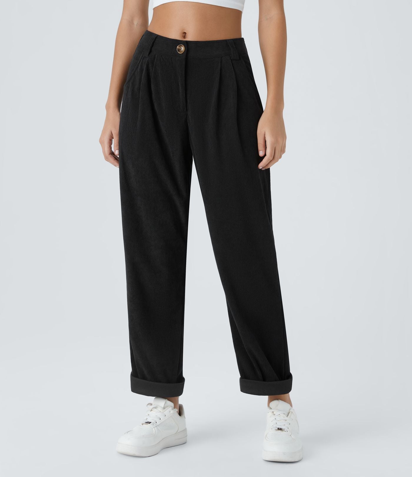 Pantalon en velours côtelé décontracté taille moyenne avec poches latérales