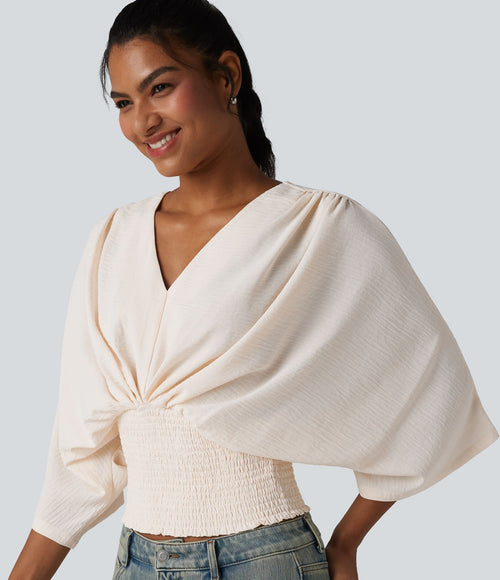 Blouse décontractée effet lin col V, manches chauve-souris et détails froncés