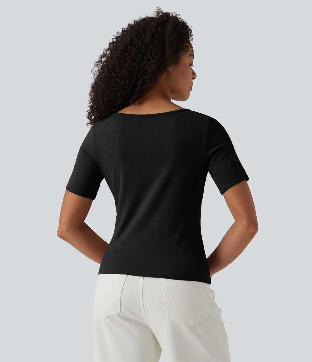T-shirt casual manches courtes col bateau maille côtelée
