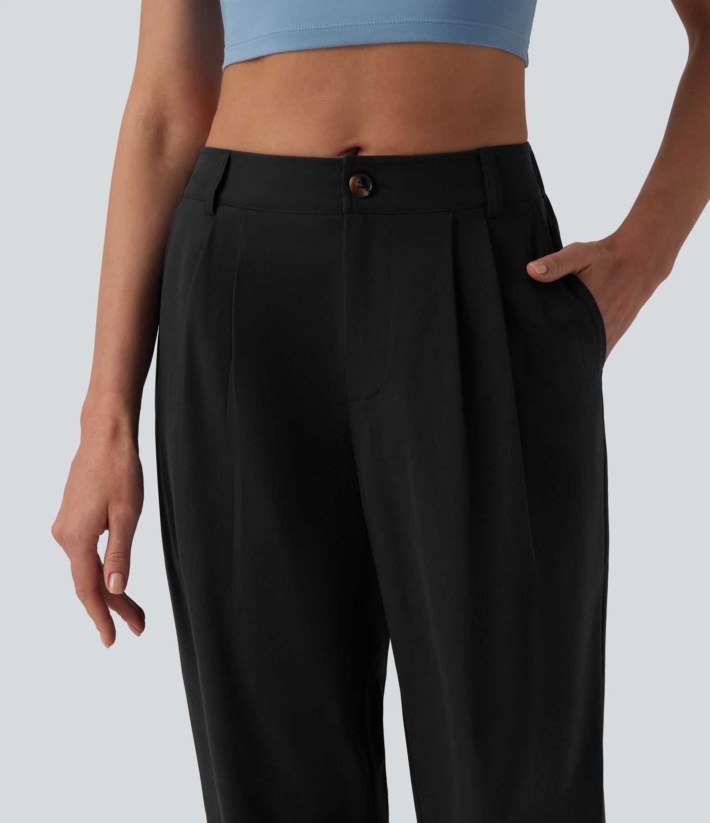 Pantalon casual fuselé 7/8 taille mi-haute plissé en popeline extensible à ourlet retroussé avec poches