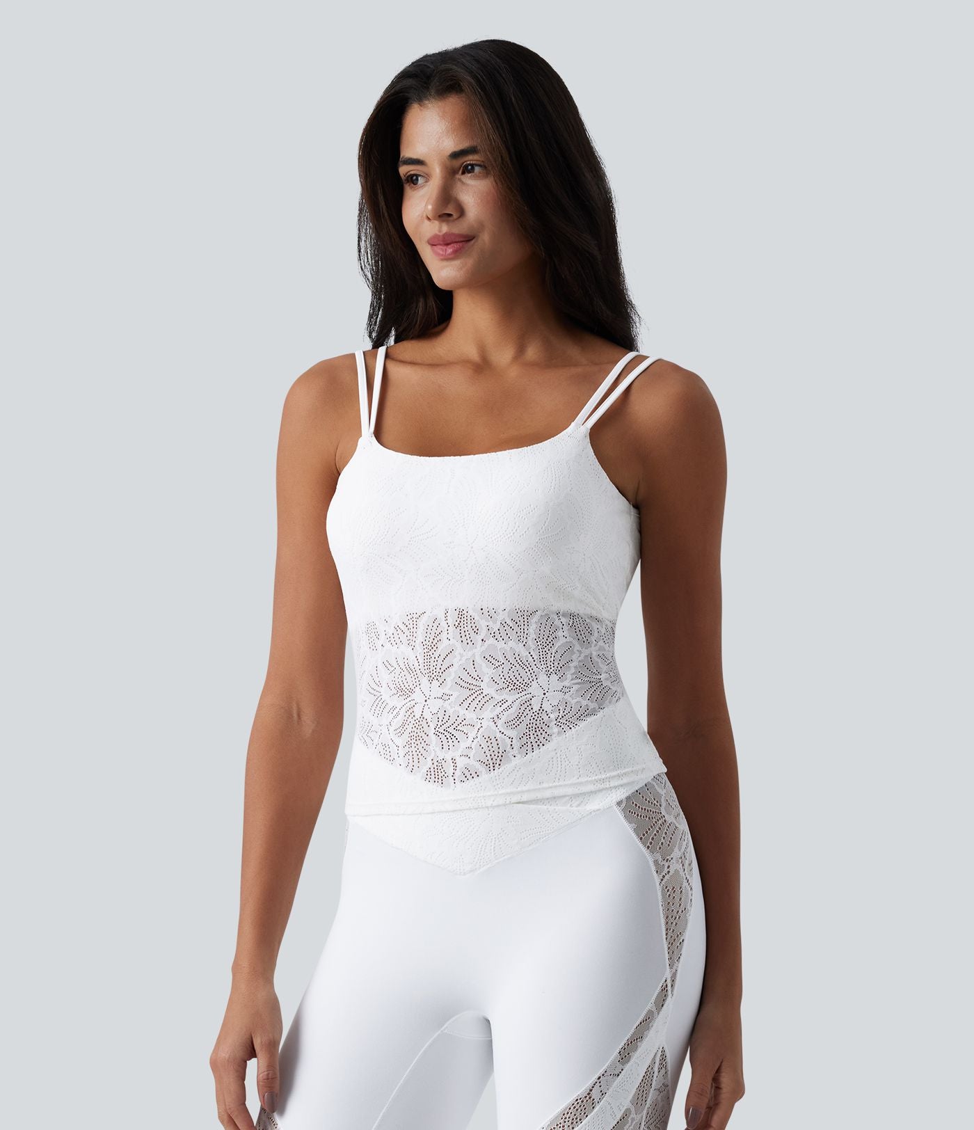 Débardeur yoga SoftlyZero™ col U dos nu torsadé dentelle avec brassière intégrée - longueur extended