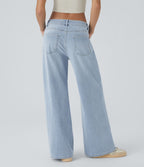 Halara Flex™ Jean Large Casual Taille Basse avec Boutons Zip Multiples Poches Lavés Élastiques et Tricotés