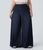 Jean décontracté Halara Flex™ grande taille large taille haute en maille extensible délavée avec poches avant