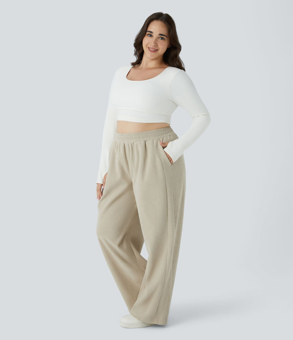 Pantalon décontracté grande taille en velours côtelé coupe droite taille haute avec poches latérales