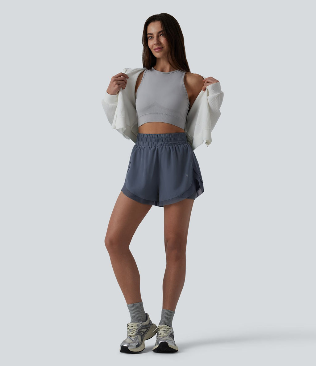Short de running 2-en-1 taille haute mesh contrasté avec poches