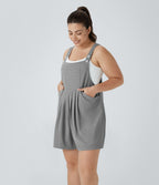 Salopette Casual en Gaufré avec Bretelles Réglables Boutons et Poches Multiples Grande Taille