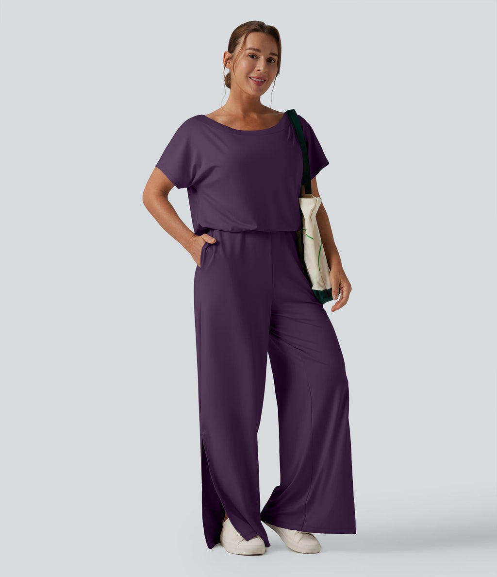 Combinaison casual asymétrique manches courtes avec poches et fente - Easy Peasy