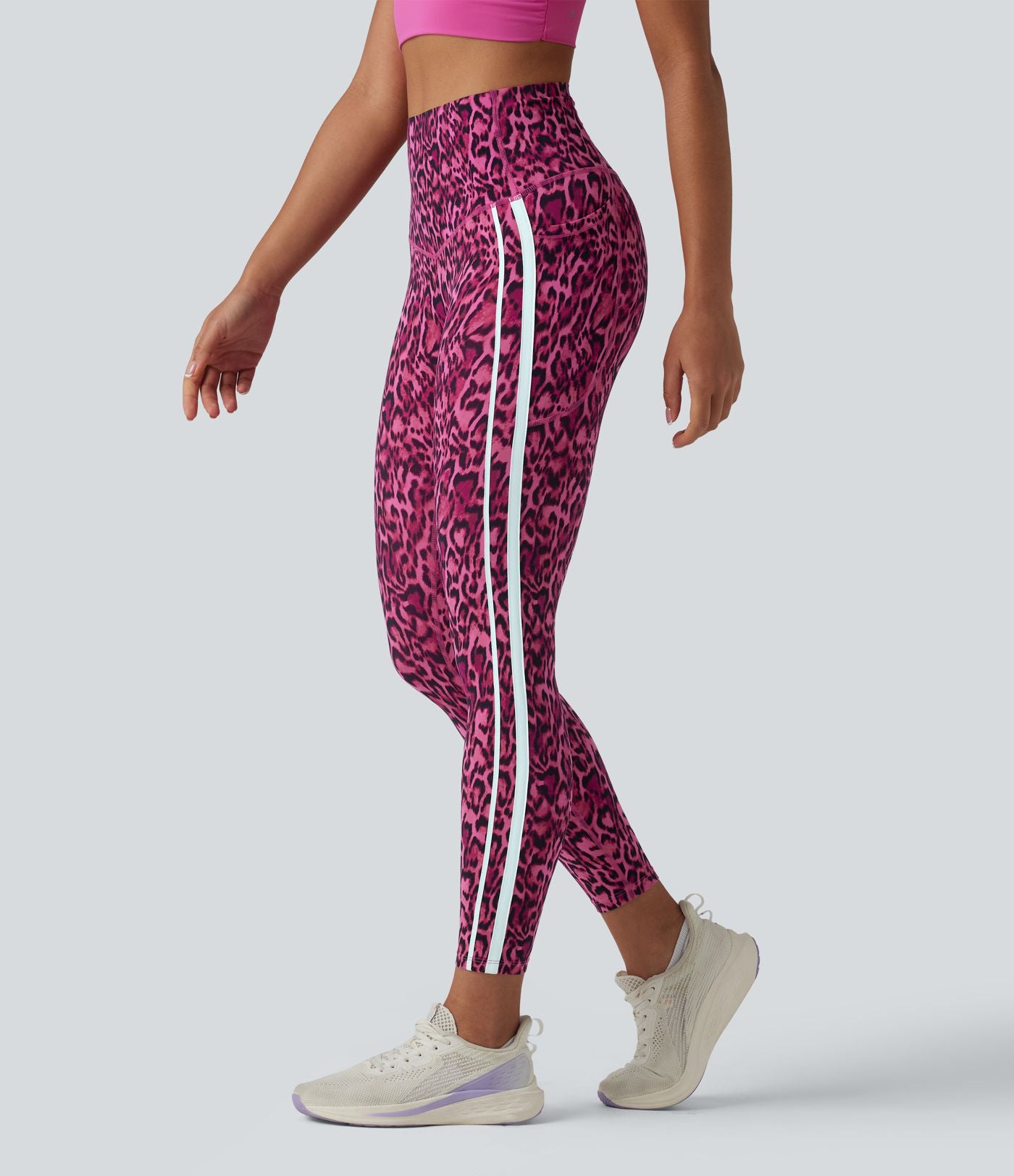 Legging 7/8 d'entraînement taille haute gainant imprimé léopard et rayures color block Halara UltraSculpt™ avec poches