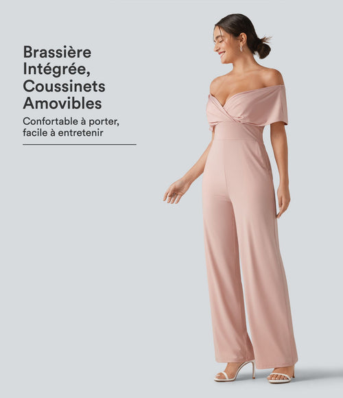 Combinaison casual épaules dénudées avec coussinets amovibles, manches courtes et poches