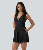 Combishort casual côtelé sans manches col V, fronces et soutien-gorge intégré, avec poches – Easy Peasy