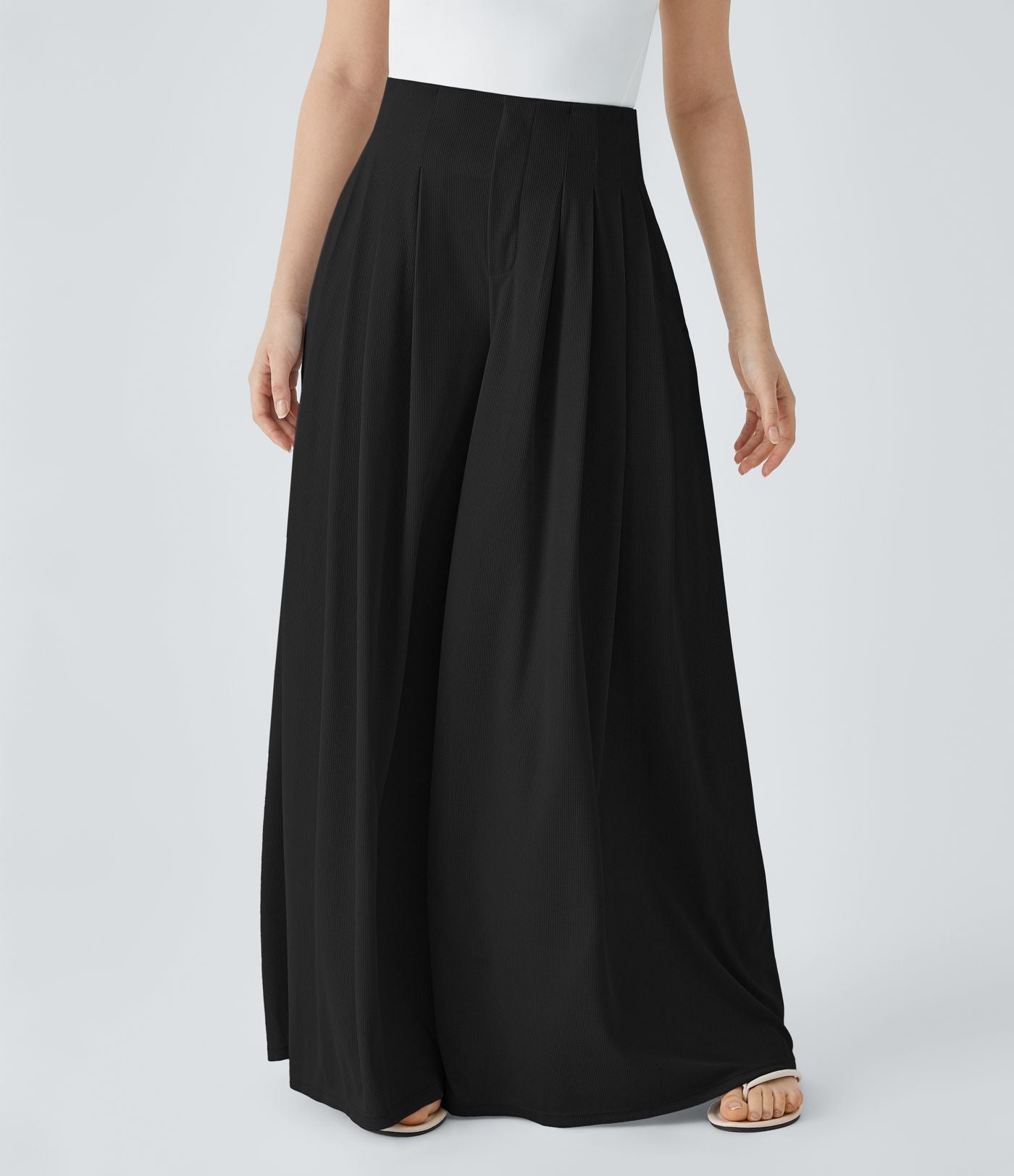 Pantalon décontracté palazzo en maille gaufrée, fluide, large, plissé, taille haute, avec poches