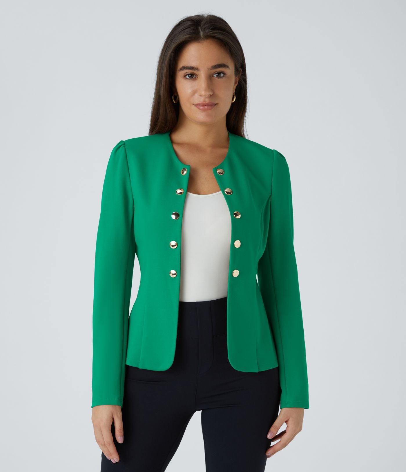 Blazer tailleur ajusté à col rond, manches longues avec boutons décoratifs