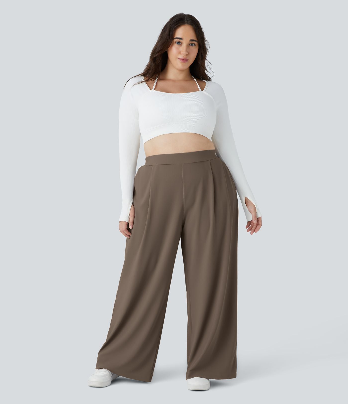 Pantalon de travail grande taille Halara Flex™ à taille haute sculptante et amincissante, poches latérales, jambes larges et tissu micro-gaufré