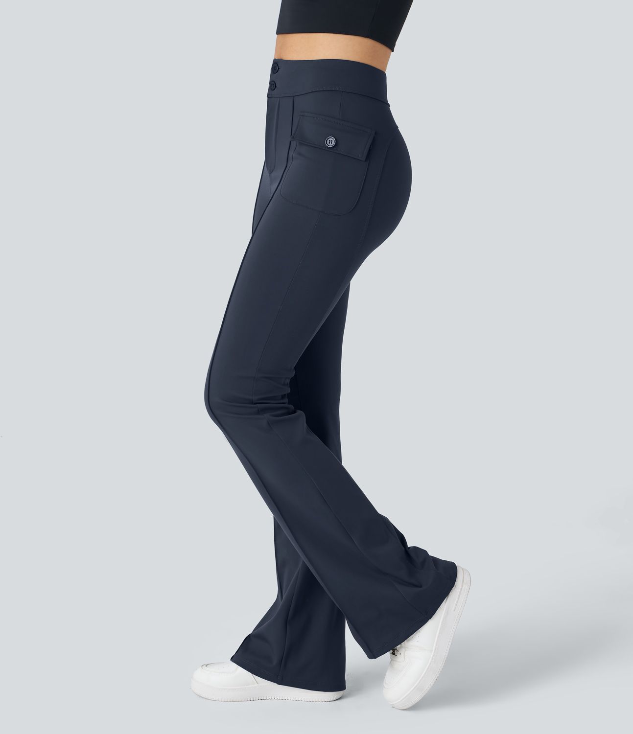 Pantalon cargo décontracté évasé taille haute avec poches à rabat latérales