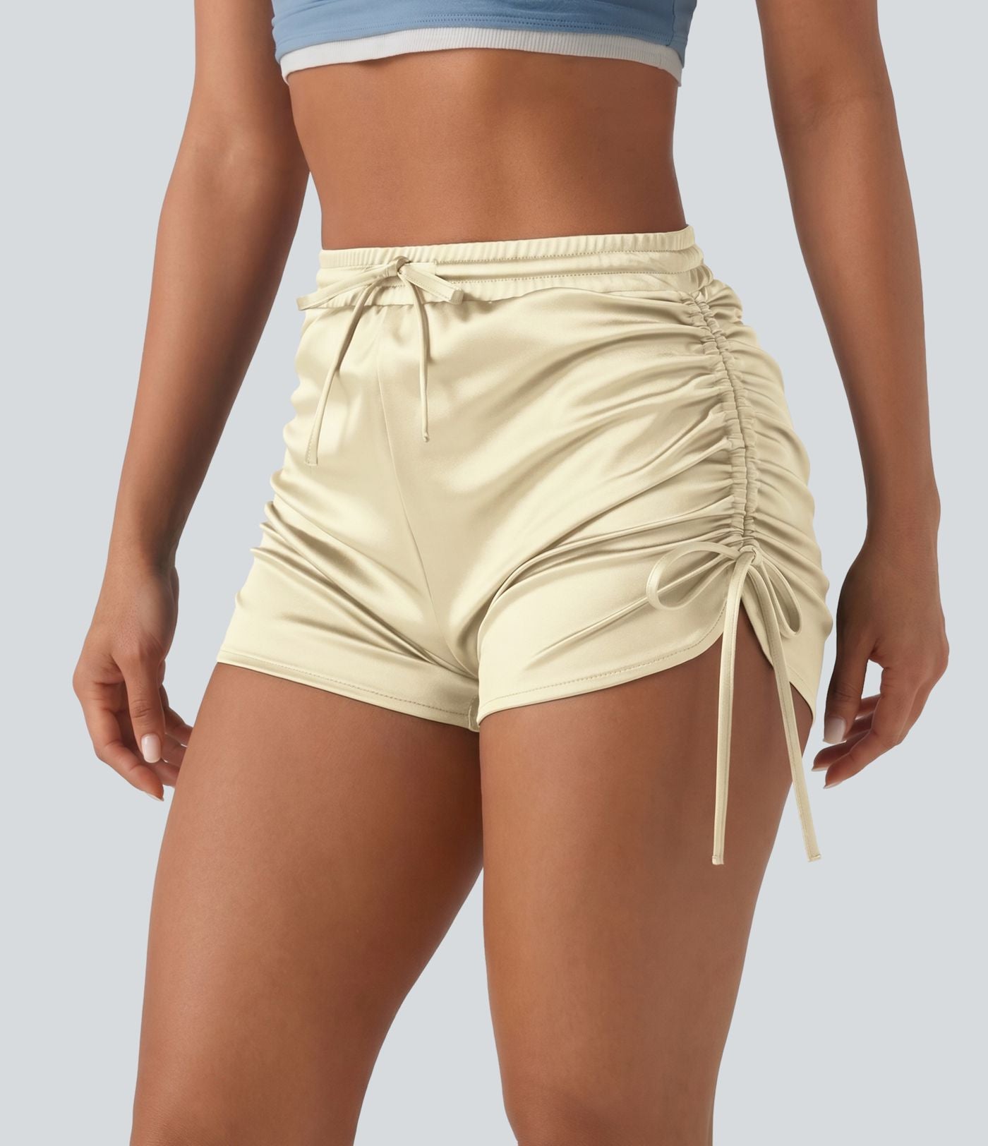 Short décontracté satiné taille haute avec cordon de serrage froncé et poche