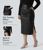 Jupe midi décontractée grande taille 2 en 1 taille haute ventre plat froncée ourlet arrondi en polaire simili cuir