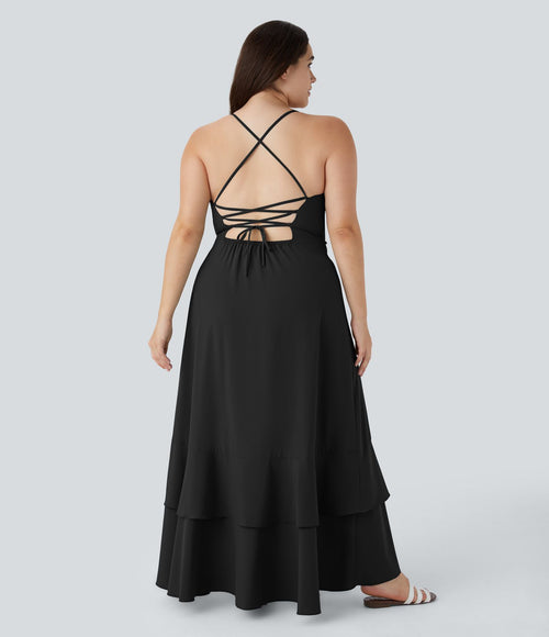 Breezeful ™ Robe Casual Grande Taille Maxi à Dos Nu Croisillons Lacés Fermeture Éclair Latérale Volants et Ourlet Fendu à Séchage Rapide