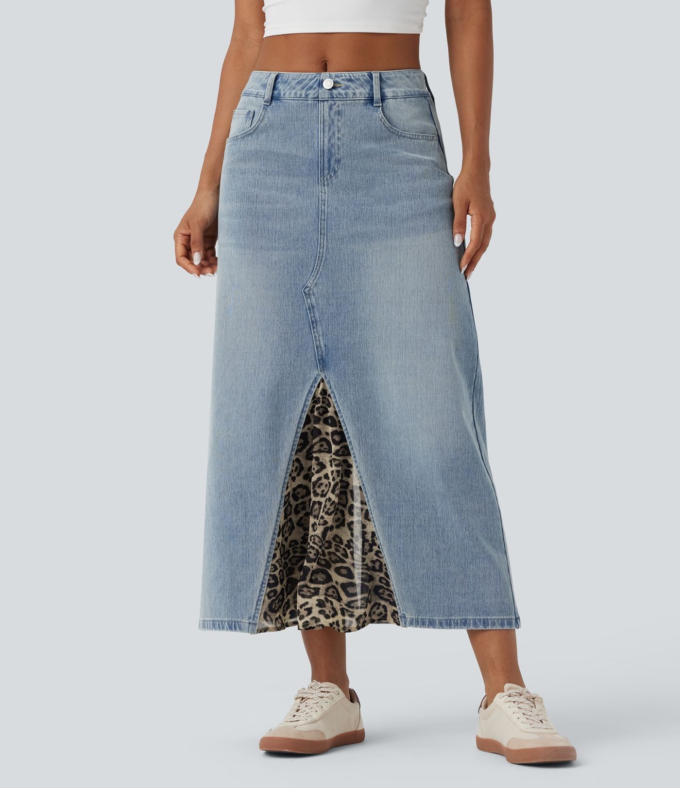 Jupe denim mi-longue Halara Flex™ évasée taille mi-haute mesh léopard contrastant avec poches