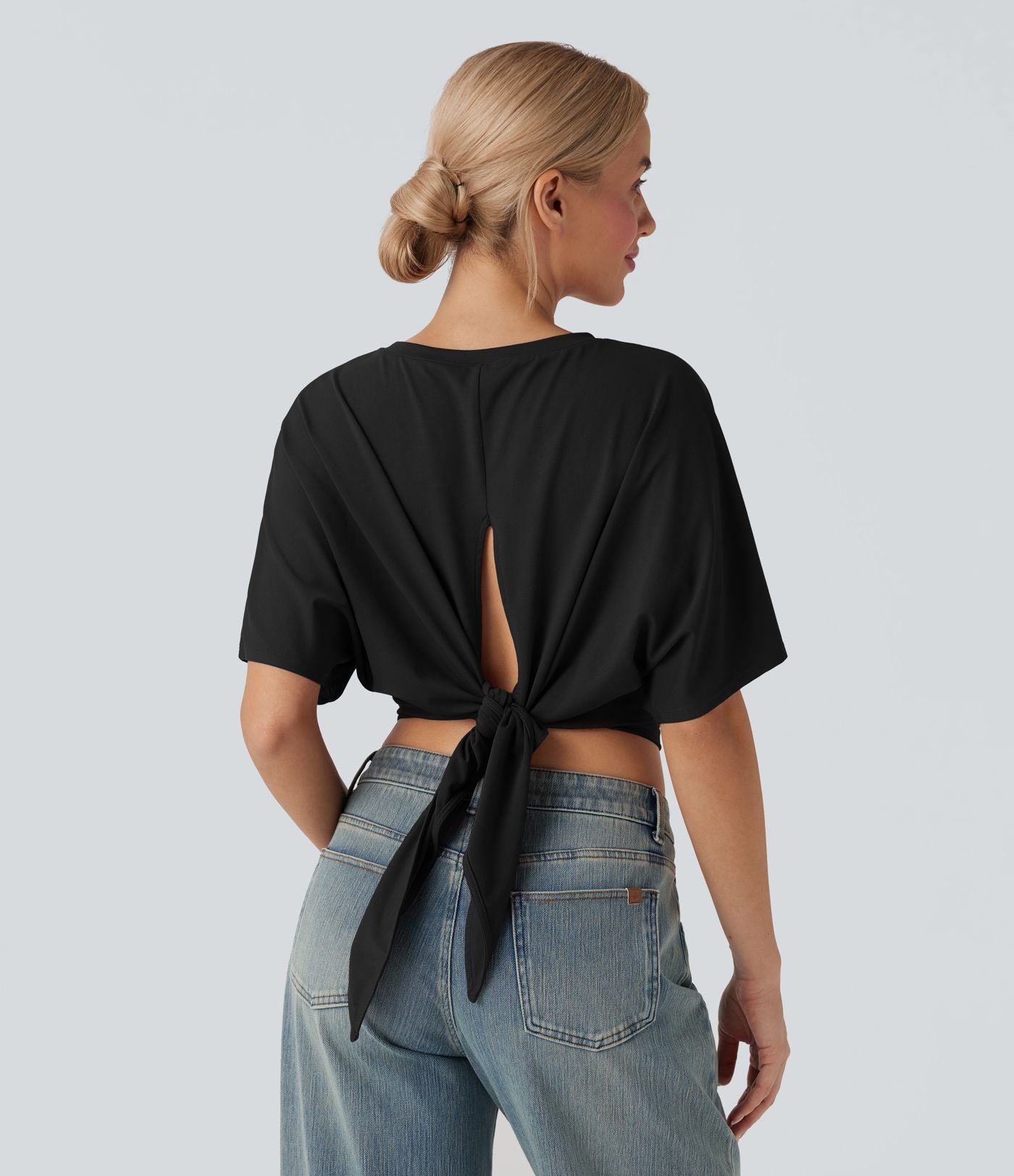 Haut casual crop col rond manches courtes fentes liens dos