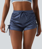 Short décontracté satiné taille haute avec cordon de serrage froncé et poche