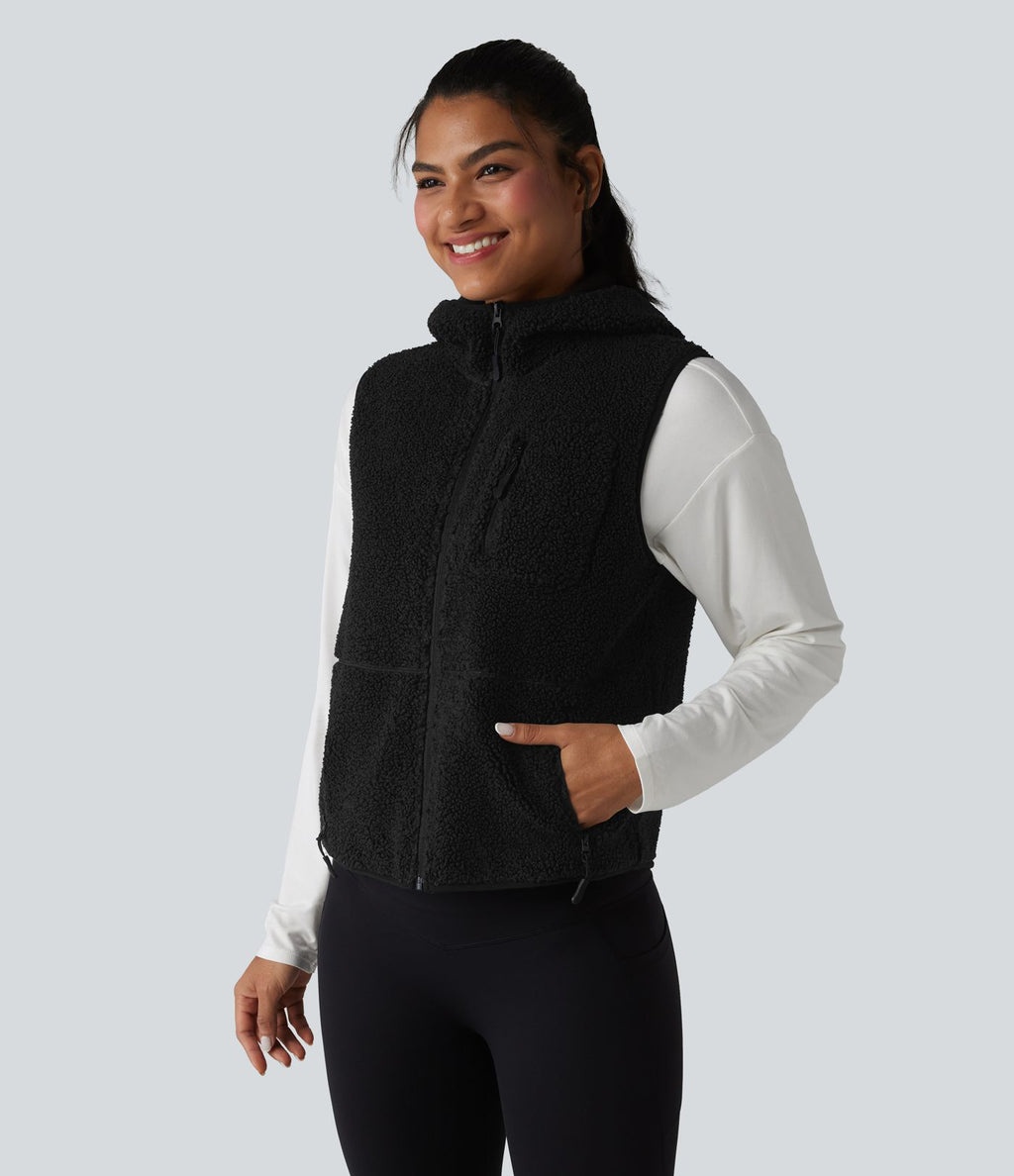 Gilet de sport sherpa à capuche avec poches
