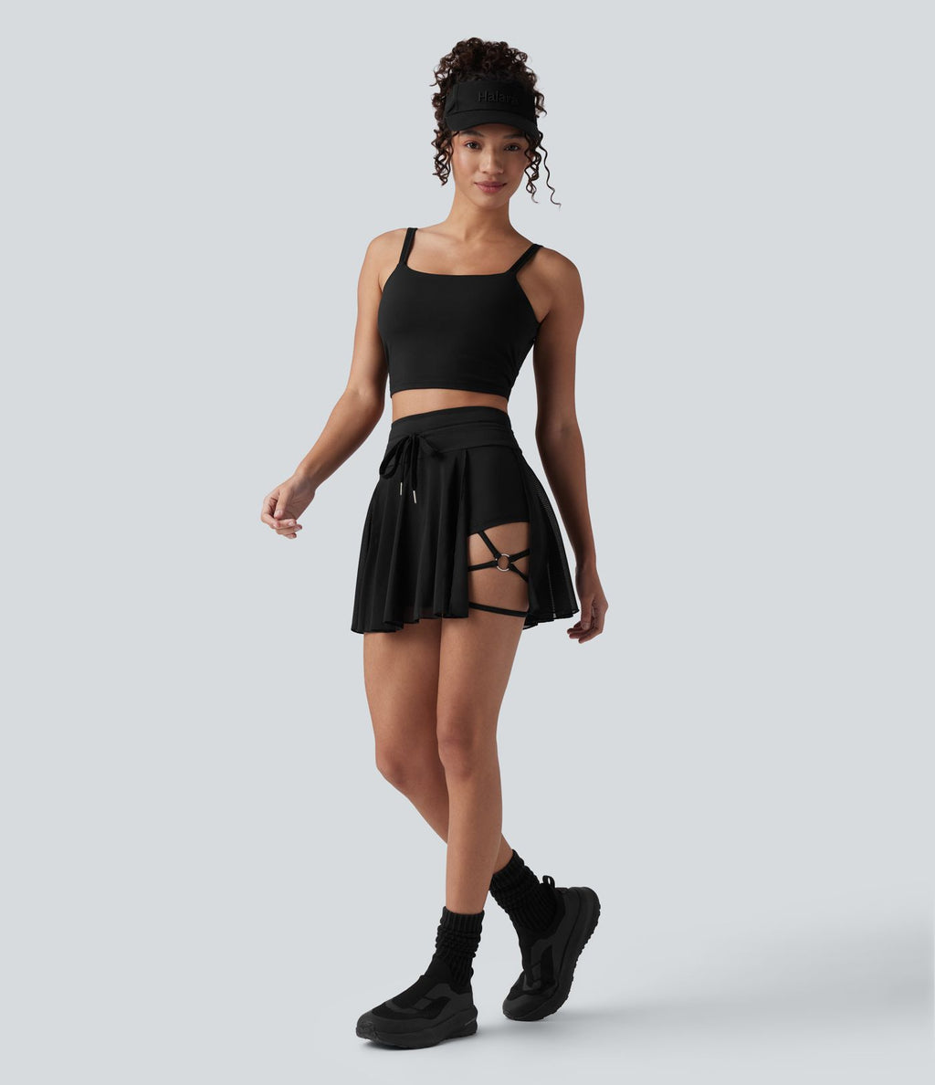 Jupe-short de tennis mini taille haute avec cordon de serrage et mesh contrastant avec poche