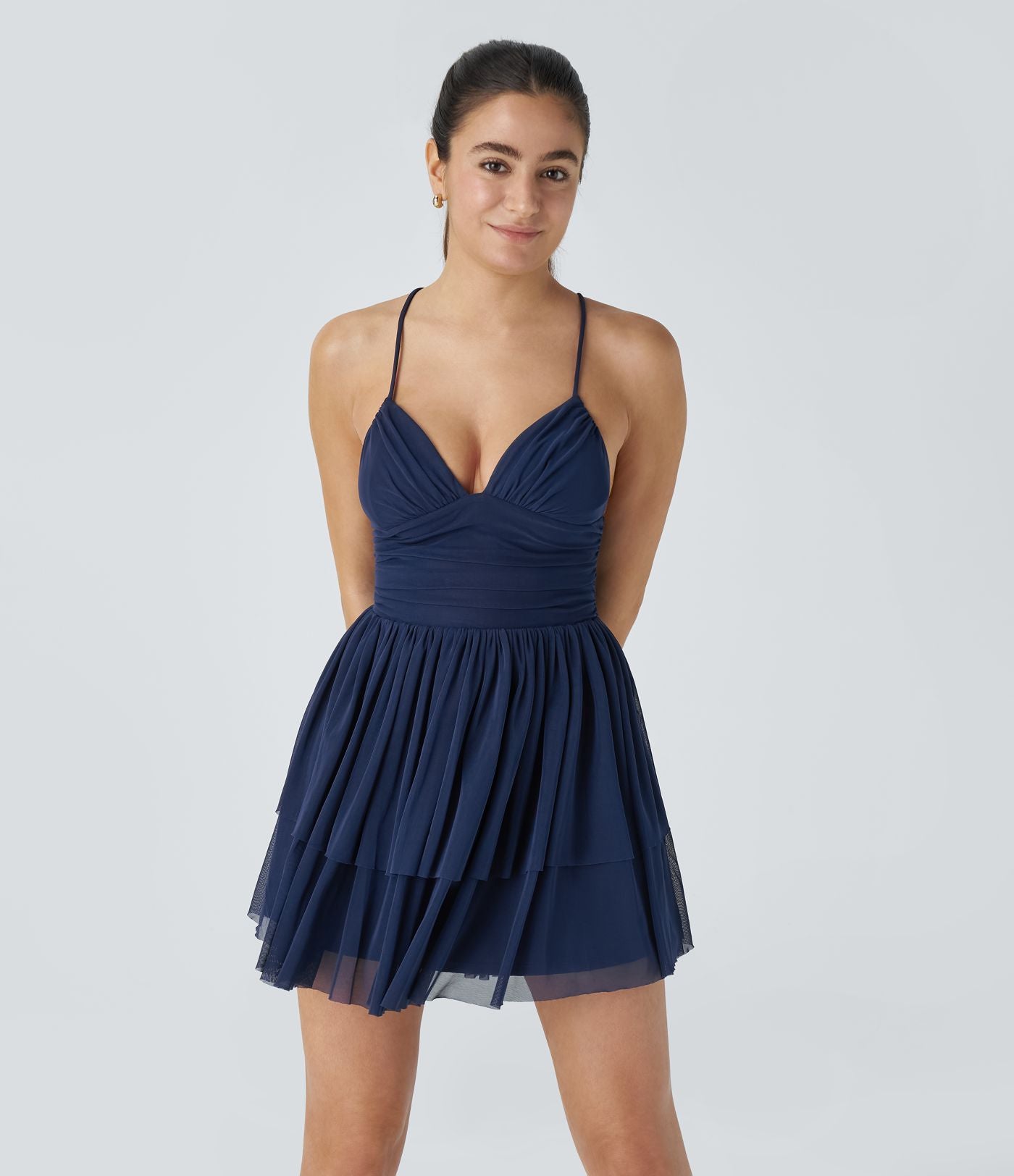 Robe Soirée Mini Superpositions en Maille avec Dos Nu Croisé Lacets
