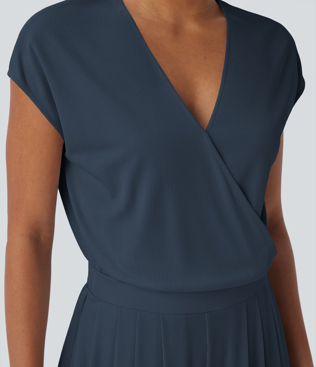 Combinaison fluide en tissu gaufré, col V, manches courtes, jambes larges et poches latérales - Easy Peasy Edition