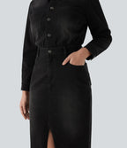 Robe chemise midi casual denim Halara Flex™ manches longues avec poches