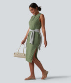 Robe midi décontractée sans manches col tunisien avec poches